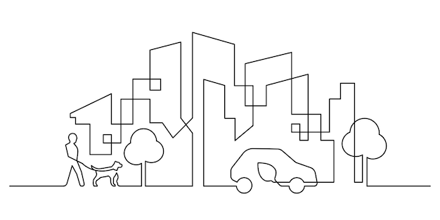 Ökologische lifestyle-szene im stadtbild in kontinuierlicher linienzeichnung