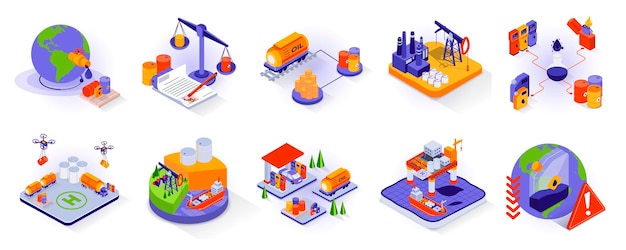 Öl- und industriekonzept isometrische 3d-symbole gesetzt globale ölhandelslagerung und -verteilung