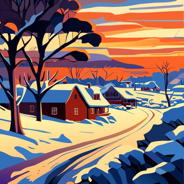 Ölgemälde ländliche Landschaft Winter altes Dorf Vektorillustration