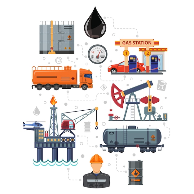 Vektor Ölindustrie-infografiken mit flachen symbolen extraktion, produktion und transport von öl und benzin mit ölmann, bohrinsel und fässern. isolierte vektor-illustration.