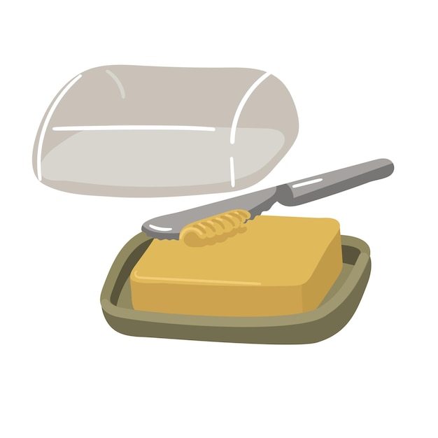 Ölpfanne mit einem Stück Butter Glasdeckel Metallmesser schneidet die Ölschicht ab Perfekt, um saftigkeit hinzuzufügen