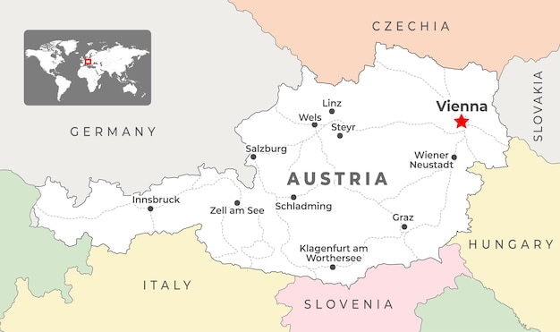 Österreich politische karte mit der hauptstadt wien wichtigsten städte und landesgrenzen