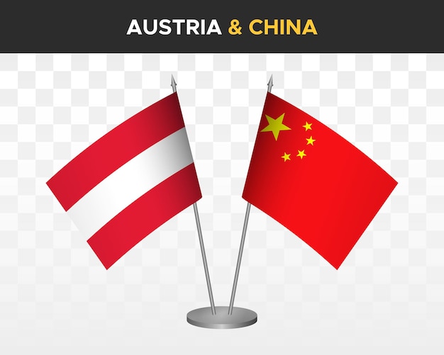 Österreich vs. china schreibtischfahnen mockup isolierte 3d-vektorillustration tischfahnen