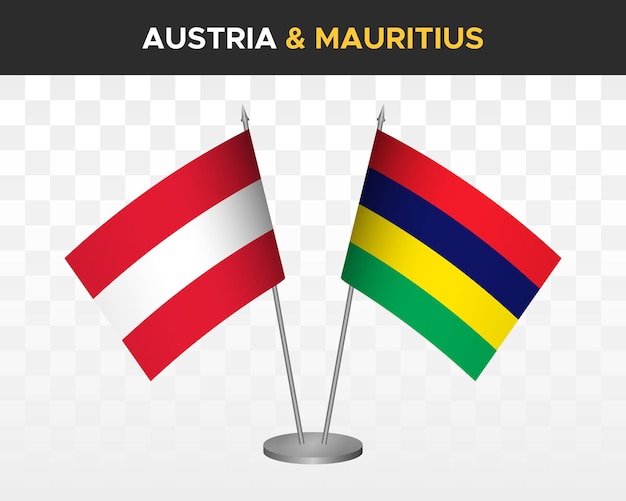 Österreich vs mauritius schreibtischfahnen mockup isolierte 3d-vektorillustration tischfahnen