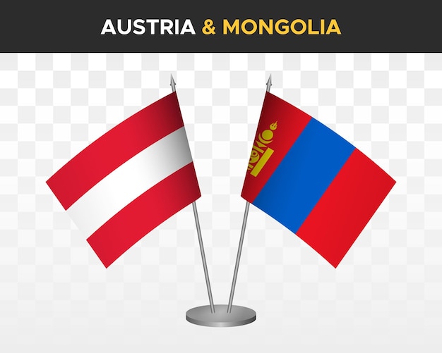 Österreich vs. mongolei schreibtischflaggen mockup isolierte 3d-vektorillustration tischflaggen