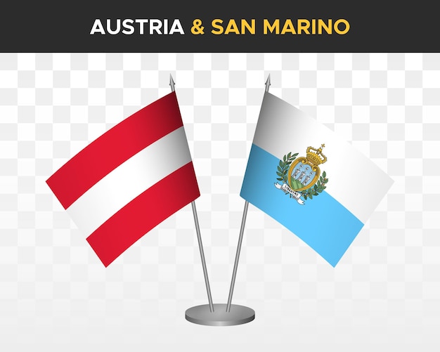 Österreich vs san marino schreibtischfahnen mockup isolierte 3d-vektorillustration tischfahnen