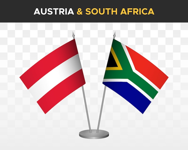 Österreich vs. südafrika schreibtischfahnen mockup isoliert 3d-vektorillustration tischfahnen