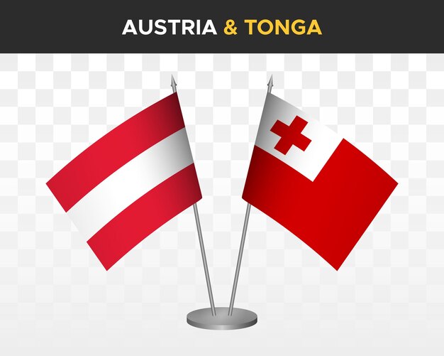 Österreich vs. tonga schreibtischfahnen mockup isolierte 3d-vektorillustration tischfahnen