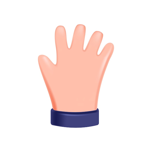 Offene 3D-Hand zeigt fünf Finger, offene Handfläche, Grußzeichen, Handfläche mit fünf Fingern, offenes Handsymbol. Isoliert auf weißem Hintergrund. 3D-Vektor