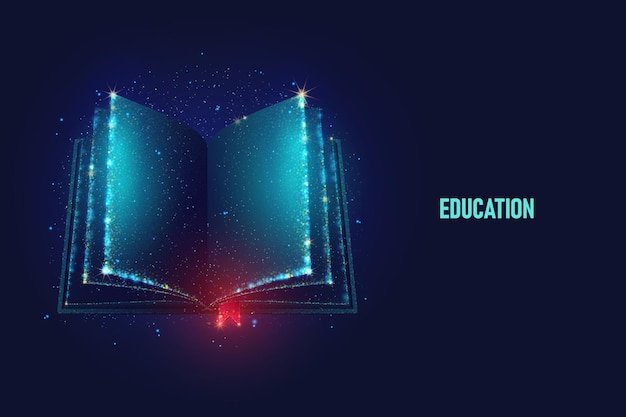 Offene Buchvektorillustration aus Neonpartikeln Helle magische Buchkunst