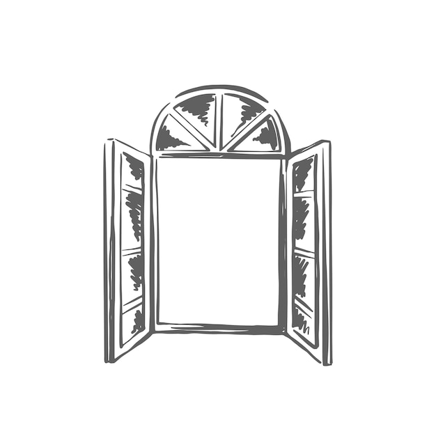 Vektor offene fensterskizze auf isoliertem hintergrund. element der architektur. glasfenster. vektor handgezeichnete illustration.