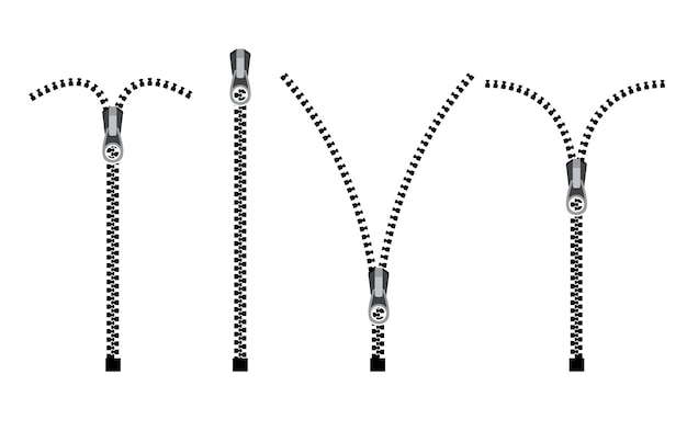 Vektor offene reißverschlusszähne metallverschluss isolierte abbildung öffnen sie den reißverschluss und nähen sie die reißverschlussschnalle mit schwarzem verschluss aus kunststoff