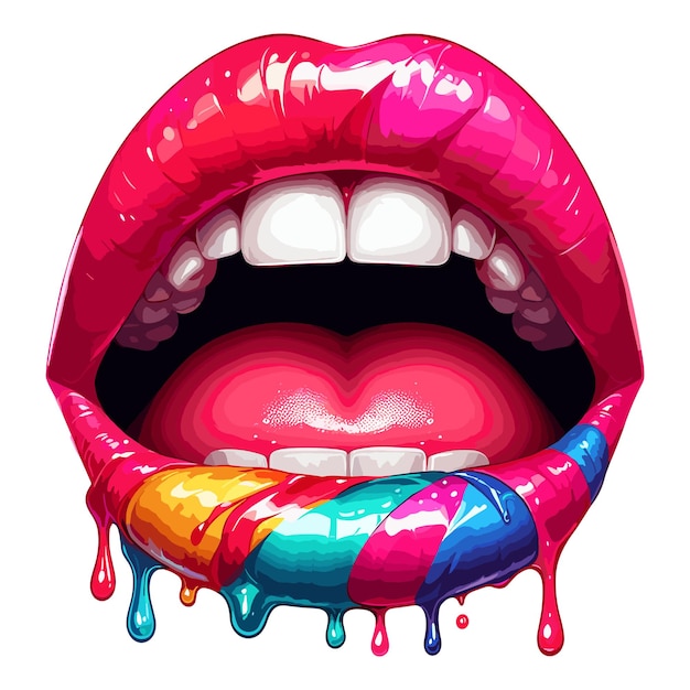 Vektor offener mund mit leuchtend farbigem make-up, farbe fließt, lippen beißen, vektor isoliert auf weißem hintergrund