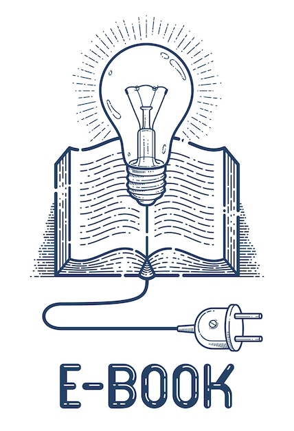 Offenes buch mit idee glühbirne und kabelstecker vektor lineares symbol, bibliothek für bildung und wissenschaftliche literatur, leselinie kunstsymbol oder logo, elektronisches buch e-book.