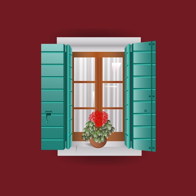 Offenes fenster isoliert holzrahmen und glas mit blumenpflanze vektorillustration