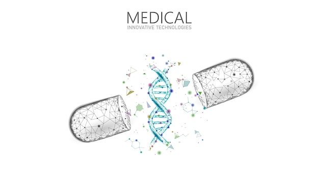 Offenes geschäftskonzept für arzneimittelkapselmedizin. dna gentherapie blaues medikament präbiotische probiotische kugel gesundheit heilen krankheit. antibiotika-vitamin medizinische ernährung niedrige poly illustration