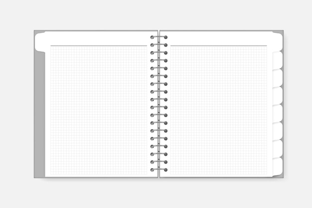 Offenes spiralnotizbuch mit tab-trennern drahtgebundener notizblock aus weißem, kariertem papier mit lesezeichenseiten
