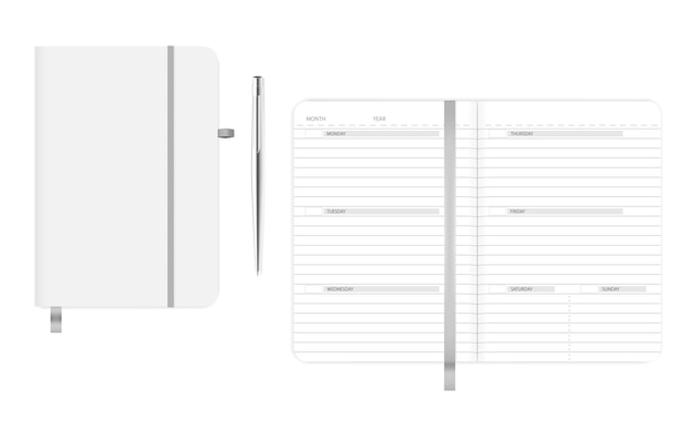 Offenes und geschlossenes notizbuch mit kugelschreiber aus metall. business-tagebuch-planer. vektormodell