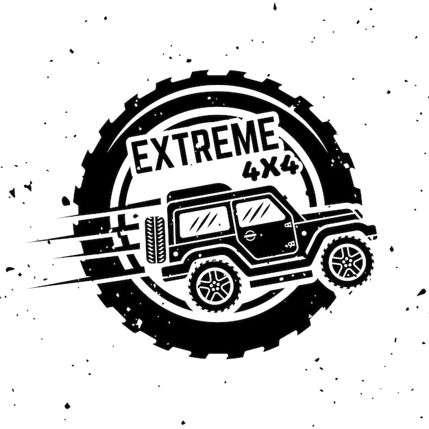 Offroad-Auto Seitenansicht Vektor monochromes Vintage-Emblem mit Reifen isoliert auf weißem Hintergrund