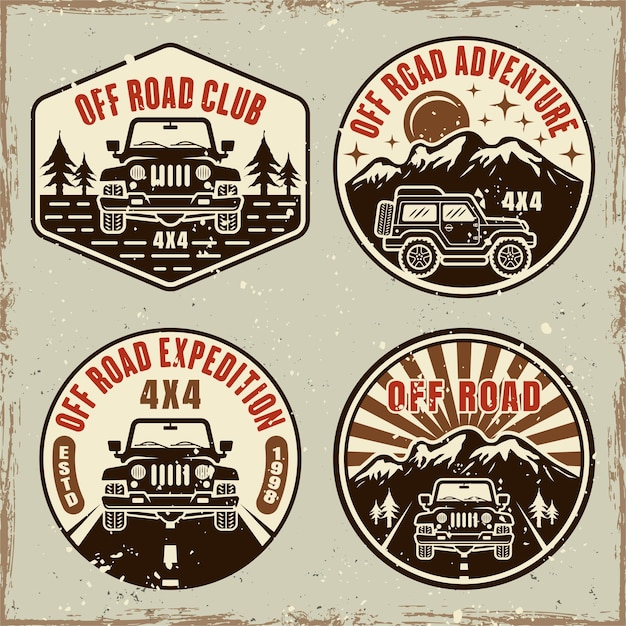 Offroad-Club-Set aus vier farbigen Emblemen, Vektorgrafik im Retro-Stil mit abnehmbaren Grunge-Texturen auf separater Ebene