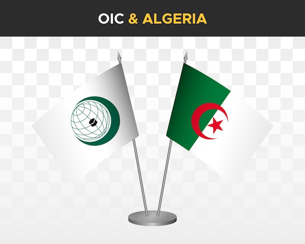 Oic organisation islamische zusammenarbeit vs. algerien schreibtischflaggen mockup 3d-vektorillustration