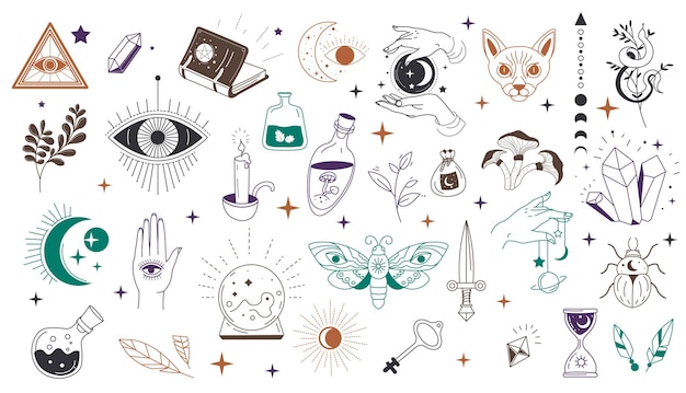 Okkultismus und mystische Symbole, isoliertes Auge und Dreieck, Kräuter und Zauberbücher, Tränke und Tiere