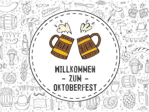 Vektor oktoberfest 2022 bierfest handgezeichnete doodle-elemente rundes emblem mit bierkrügen und text mit einem muster aus umrisselementen die inschrift in deutscher sprache willkommen auf dem oktoberfest