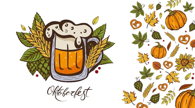 Vektor oktoberfest-banner mit bierglas und herbstlichen blättern.