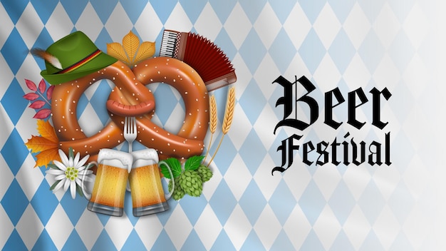 Vektor oktoberfest-banner mit brezelbierkrügen und herbstblättern auf der münchner flagge