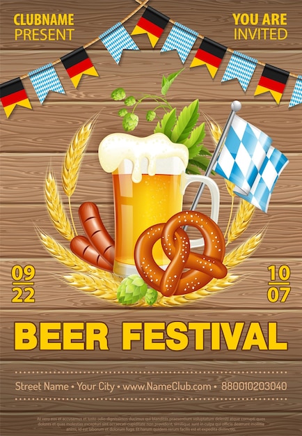 Oktoberfest beer festival celebration poster mit fass, glas lagerbier, gerste, hopfen, brezeln, würstchen und band. vektorillustration auf holzstrukturhintergrund