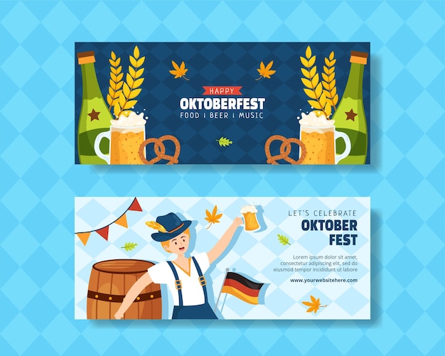 Oktoberfest-bierfest-horizontale banner-flache cartoon-handgezeichnete hintergrundillustration