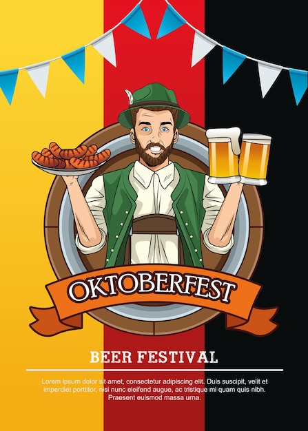 Vektor oktoberfest-festkarte mit deutschem mann, der bier und würste anhebt