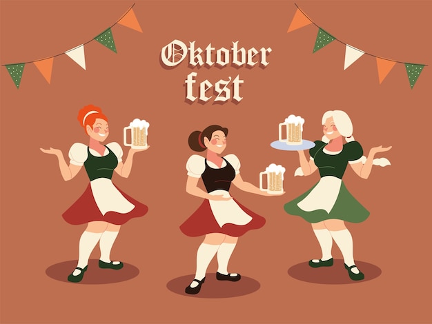 Vektor oktoberfest frauen mit traditioneller stoff bierwimpel illustration, deutschland festival und feier thema