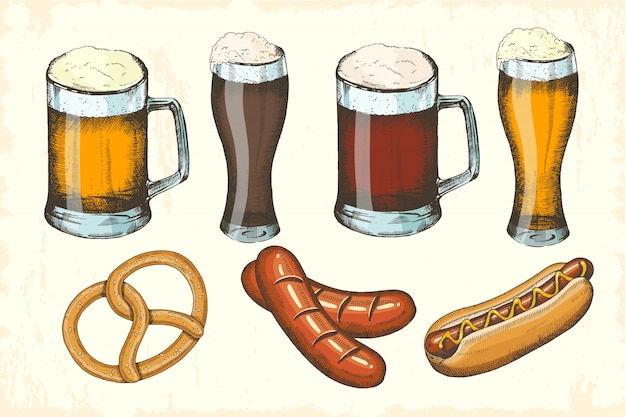 Oktoberfest hand gezeichnete objekte festgelegt. wurst, brezel, hot dog, verschiedene biersorten. oktoberfest-skizze. vektor-illustration für menü, poster, banner,