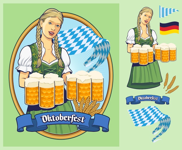 Vektor oktoberfest, lady im dirndl mit großen bieren.