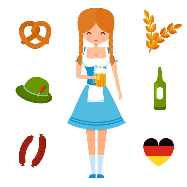 Oktoberfest-mädchen in traditioneller deutscher kleidung und symbolen der festivalbierwürste brezel