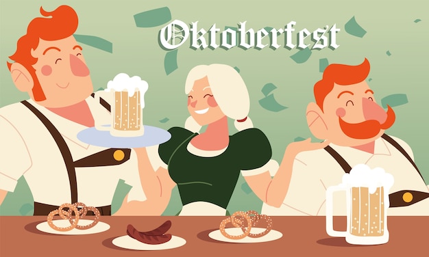 Vektor oktoberfest männer und frau mit bierwürsten und brezeln design, deutschland festival und feier thema