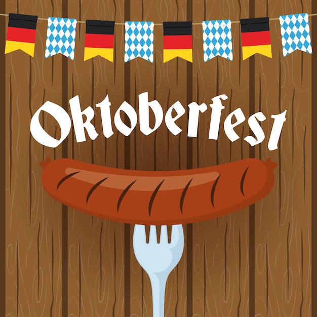 Oktoberfest-partybeschriftung mit wurst im gabelvektorillustrationsdesign