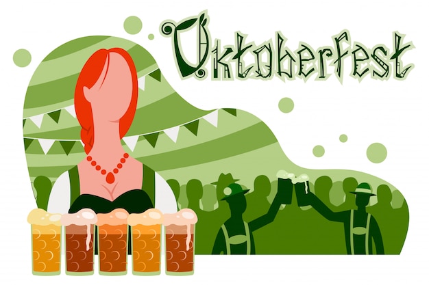 Vektor oktoberfest-plakat, banner mit einem mädchen in einem traditionellen anzug, gläser bier und eine party mit silhouetten von menschen.