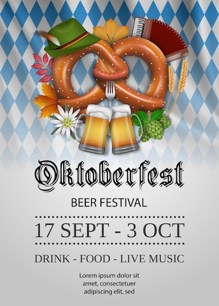 Vektor oktoberfest-plakat mit brezel und bierkrügen. hintergrund des bierfestes