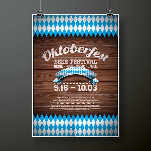 Vektor oktoberfest poster vektor-illustration mit flagge auf holz textur hintergrund. feierflieger-schablone für traditionelles deutsches bierfestival.