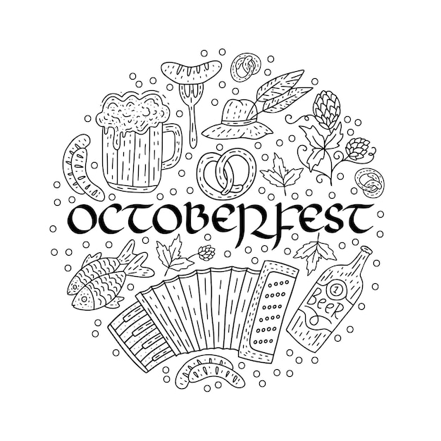 Oktoberfest runde vektorkarte mit doodle-elementen