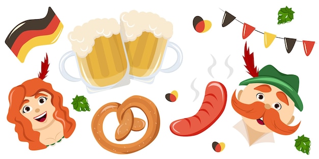 Vektor oktoberfest-set. aufkleber mit deutschem thema. wurst, fähnchen, brezel, bier, hopfen