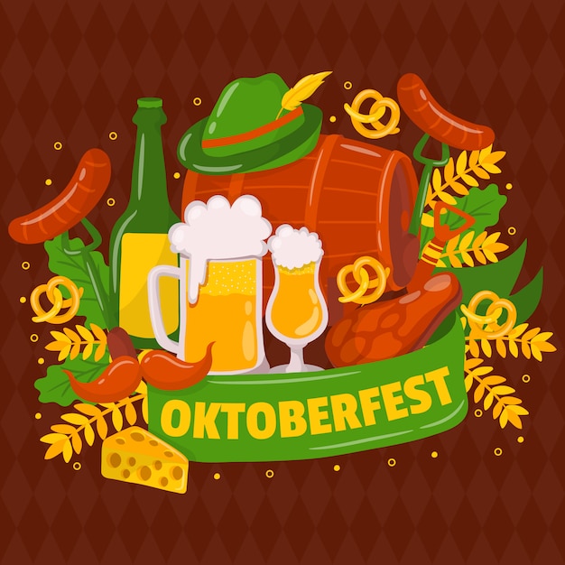 Vektor oktoberfest. traditionelles deutsches festival. schnurrbart, frisches dunkles bier, brezel, wurst, herbstblatt, flagge, akkordeon, bier