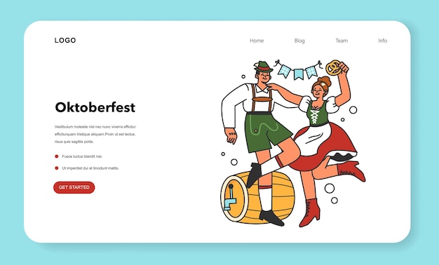 Oktoberfest-webbanner oder landingpage. fröhlicher bayerischer kneipenarbeiter in nationaltracht. charaktere tanzen zusammen. traditioneller jährlicher bierkarneval in deutschland. flache vektorillustration