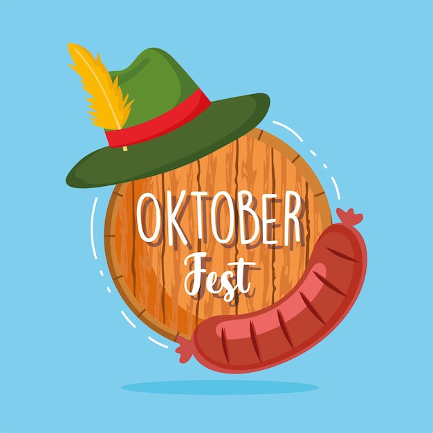 Vektor oktoberfest, wurst grüner hut und fass, feier deutschland traditionelle illustration