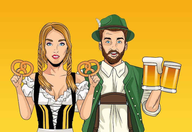 Vektor oktoberfestfeierkarte mit deutschen paaren, die biere und brezeln heben