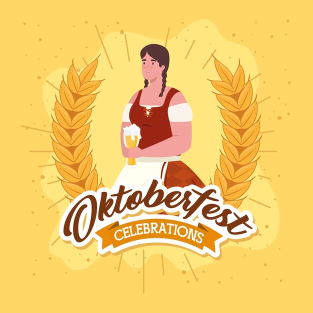 Oktoberfestfestfeier und frau mit glasbiervektorillustrationsentwurf