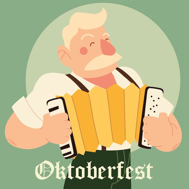 Oktoberfestmannkarikatur mit traditionellem stoff- und akkordeonentwurf, deutschlandfestival und feierthemaillustration