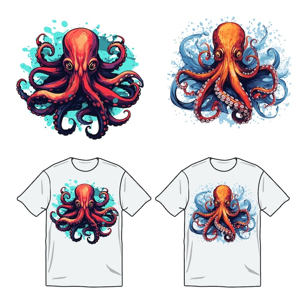 Oktopus-Aquarell-Neon-Vektorillustration im T-Shirt-Design